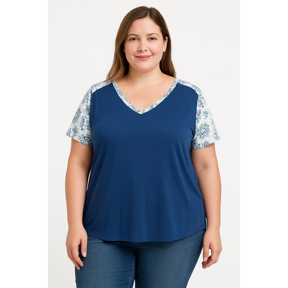 Ink & Ivy XL Blue Boho Tee Shirt Floral Shoulder Trim‎ Stretch Top NWT